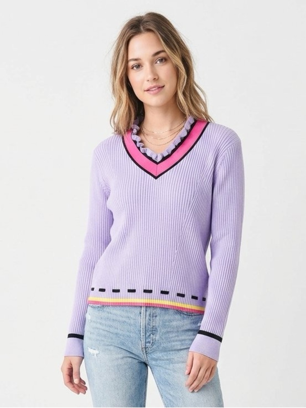 nOir Jewelry Lavender Ribbed V-Neck Sweater with Pink Trim